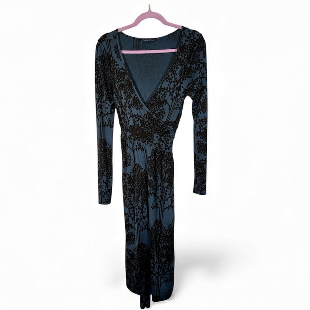 Orla Kiely Blue Black Tree Print Midi Wrap Dress Womens L Long Sleeve Stretch